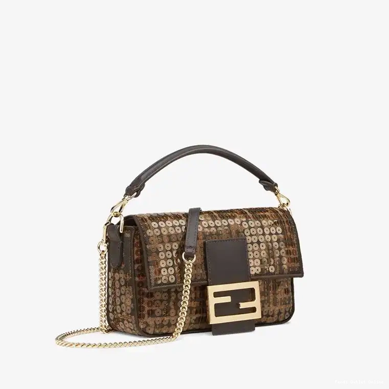 Affordable Mini Brown Motif Fabric with Sequins Baguette Bag FF Fendi In 0616